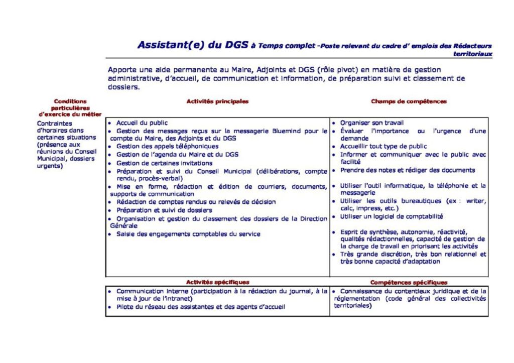 Offre D Emploi Assistant E De Direction Dgs En Pdf Ville Des Ponts De C